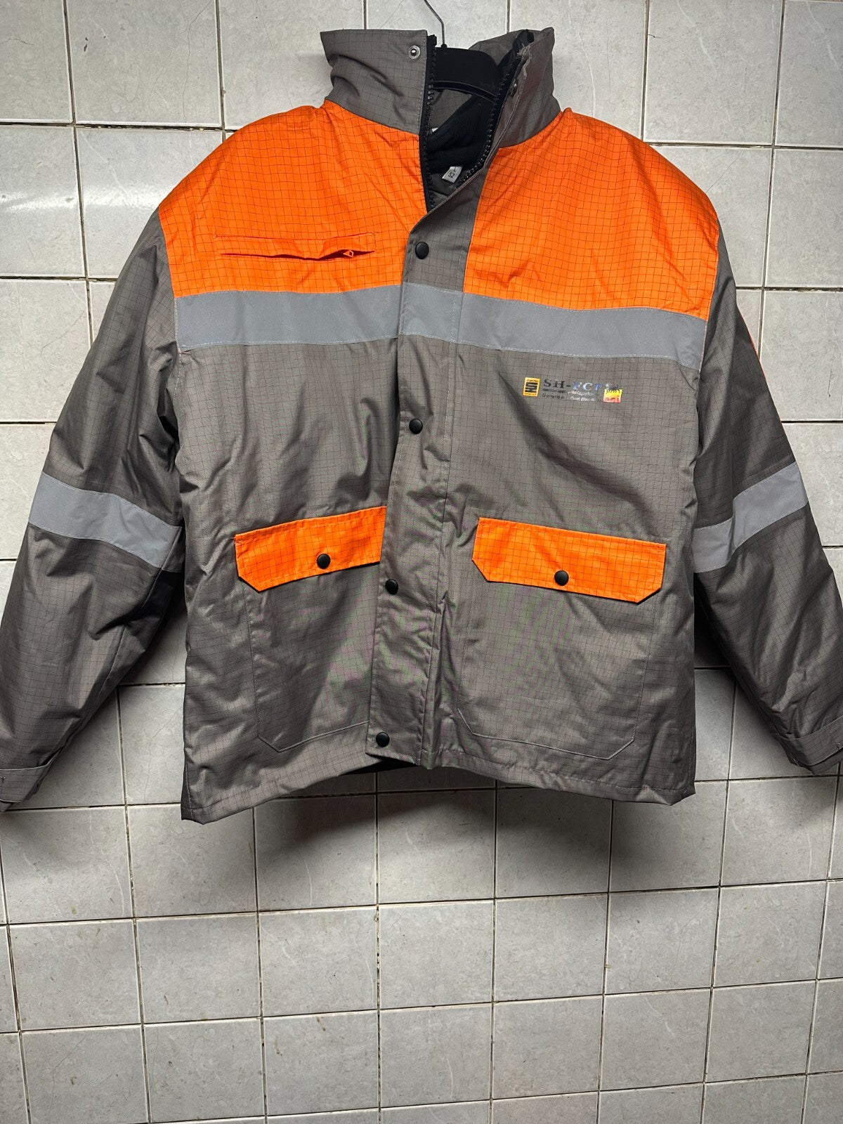 Hi Viz Jacket Zipped Lined with Pockets Hood Grey - Orange  size Large