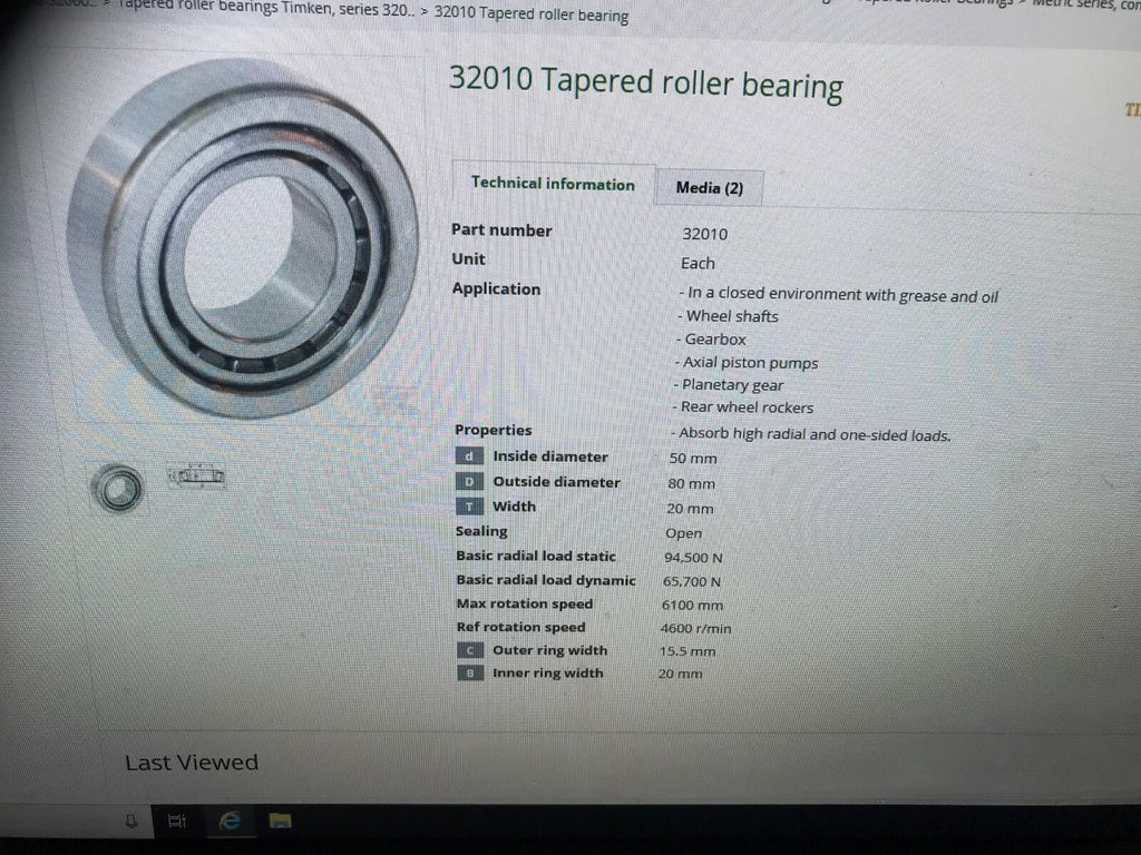 Timken 32010 bearing 80 x 50 x 20mm pack of 1