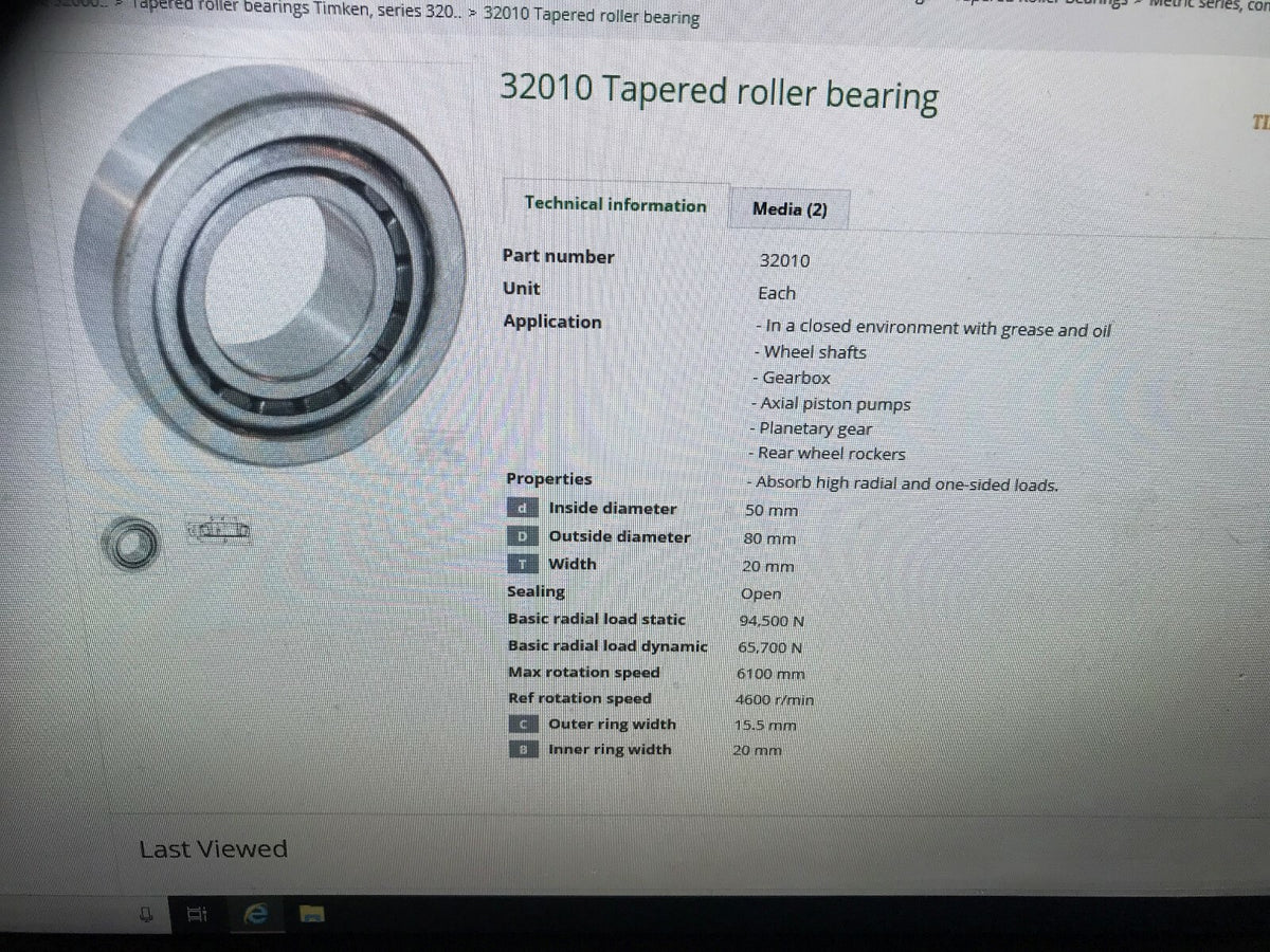 Timken 32010 bearing 80 x 50 x 20mm pack of 1